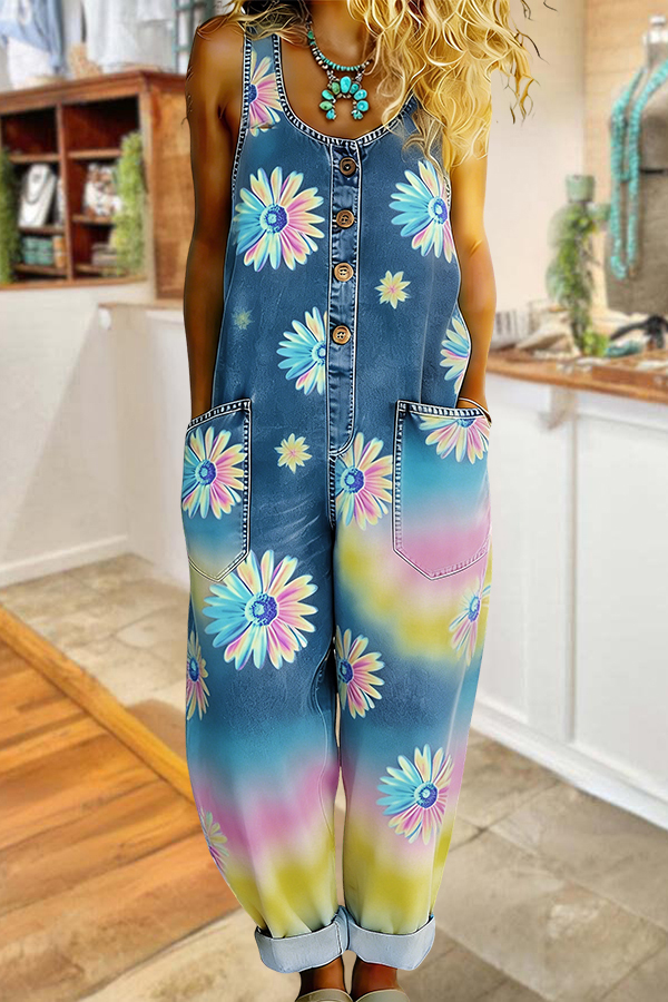 Fresh Gradient Daisy Washed Denim Button Jumpsuit