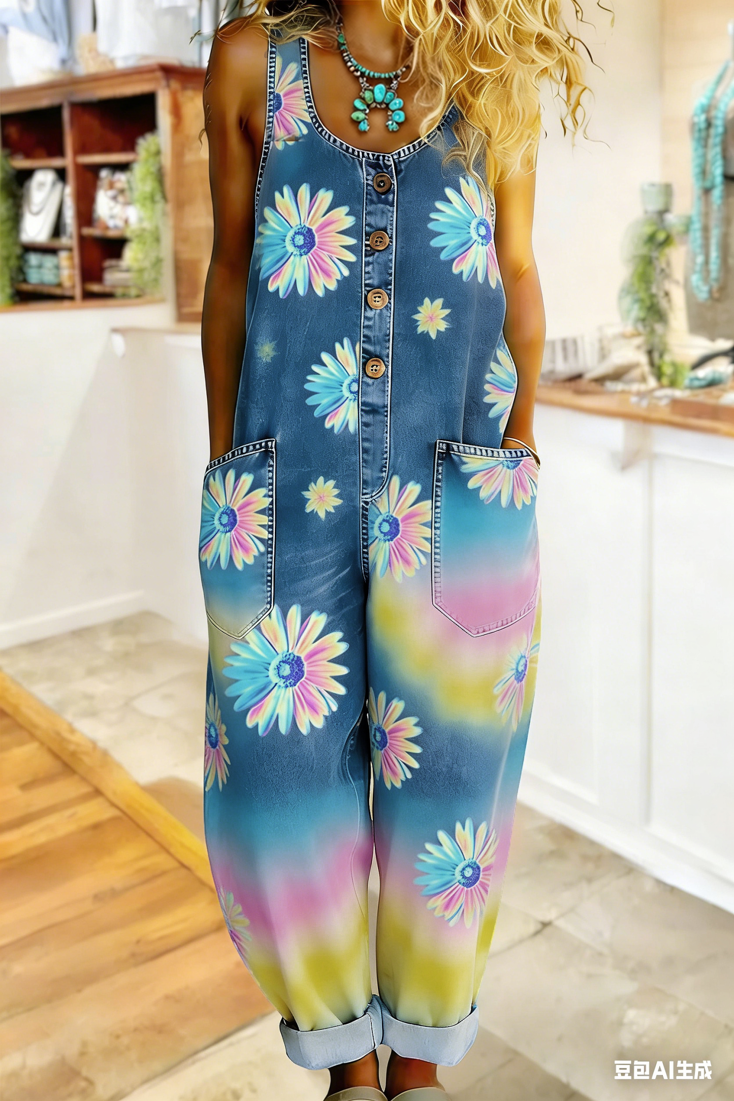 Fresh Gradient Daisy Washed Denim Button Jumpsuit