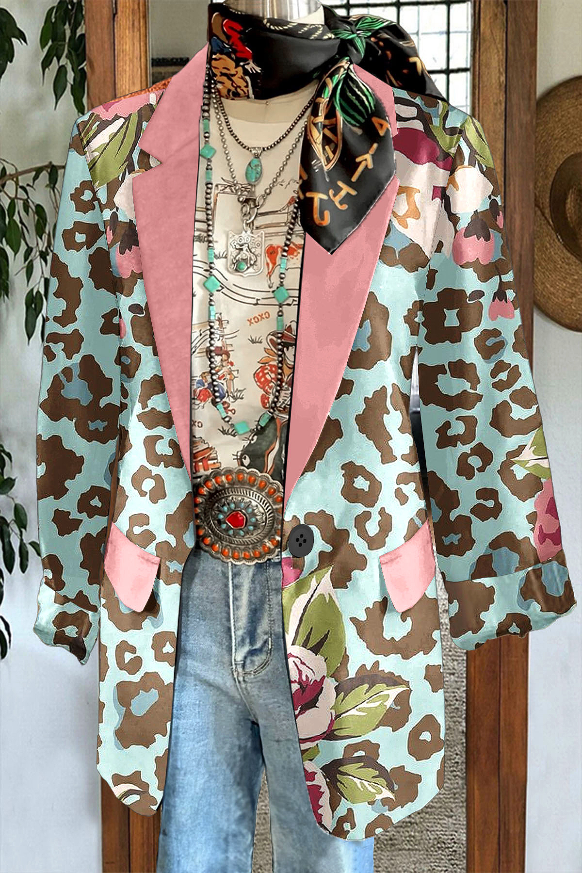 Fresh Leopard Print Floral Patchwork Lightweight Blazer