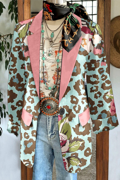 Fresh Leopard Print Floral Patchwork Lightweight Blazer