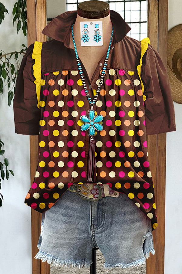 Colorful Polka Dot Patchwork Ruched Puff Sleeve Shirt