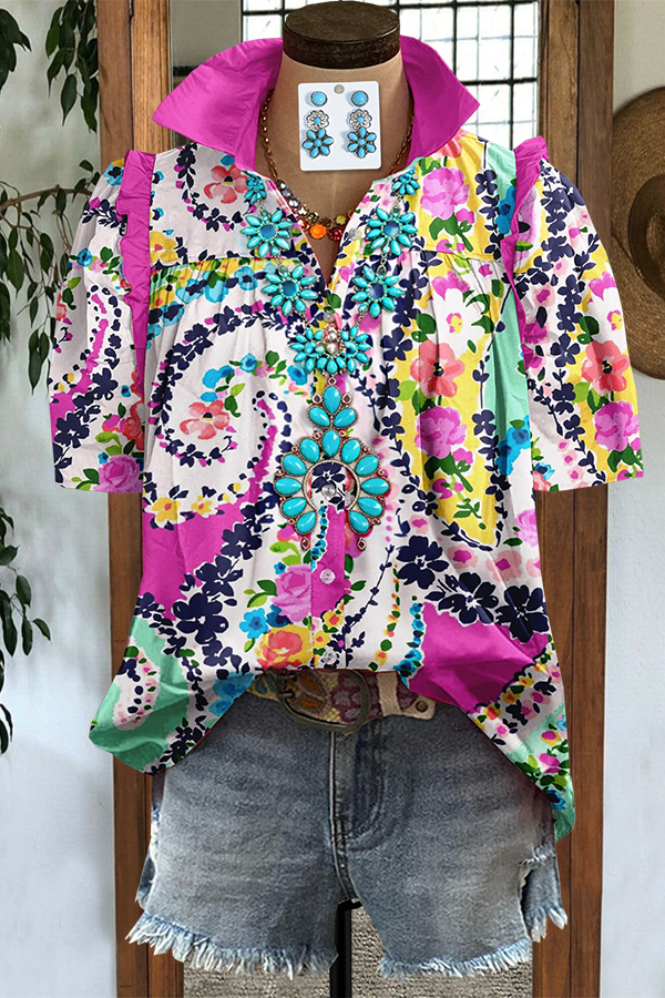 Romantic Paisley Floral Patchwork Ruched Shirt