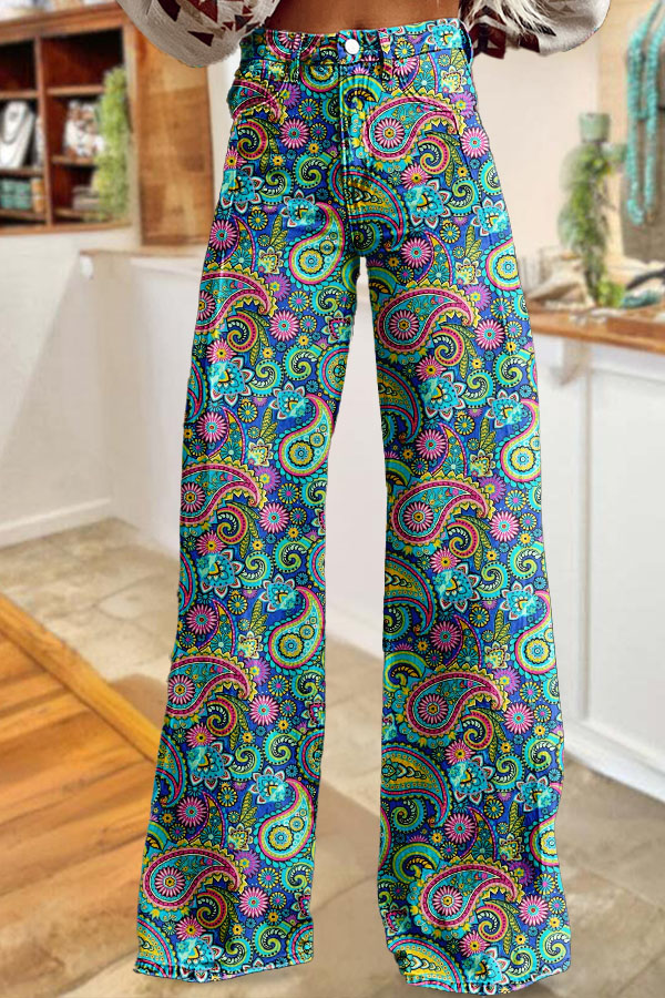 Western Paisley Washed Cotton Wide-Leg Pants