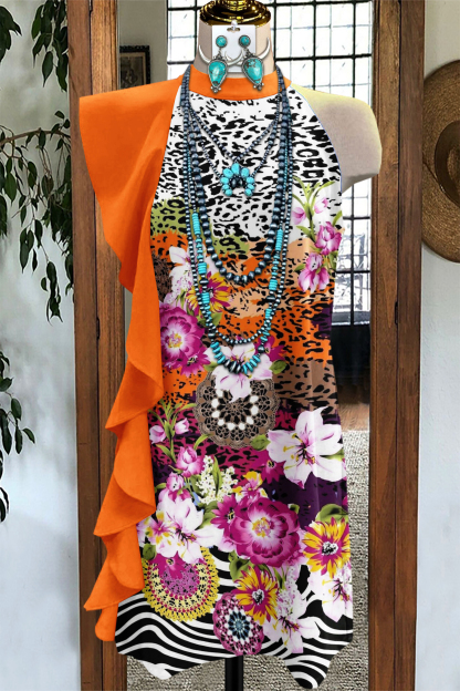 Western Chiffon Leopard Floral Ruffle Patchwork Midi Dress