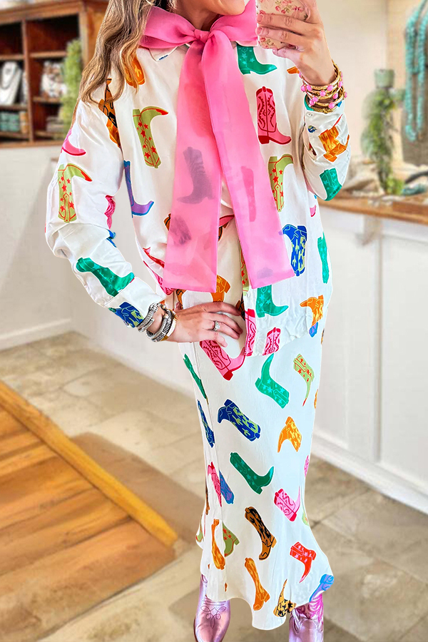 Western-Style Colorful Boots Print Skirt And Shirt Set