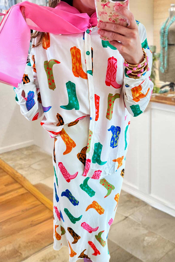 Western-Style Colorful Boots Print Skirt And Shirt Set