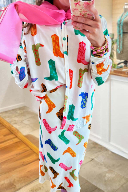 Western-Style Colorful Boots Print Skirt And Shirt Set