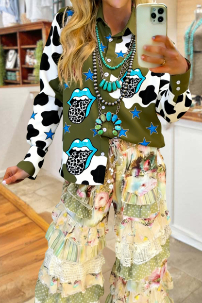 Western Cow Print Patchwork Button-Down Shirt