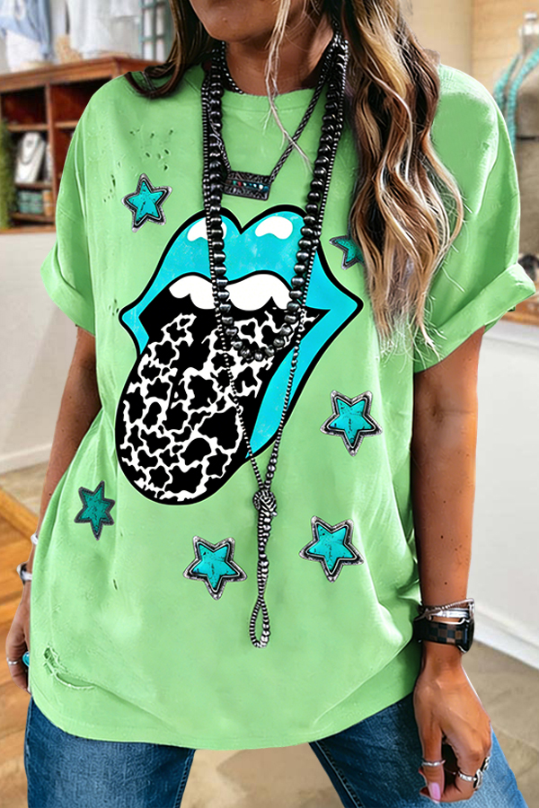 Retro Rebellious Five-Pointed Star Crew Neck T-Shirt