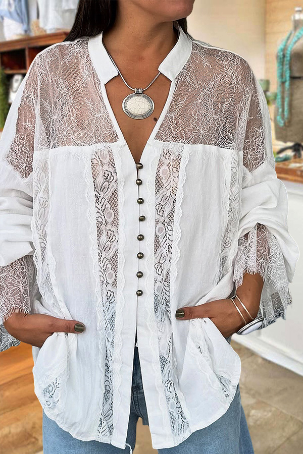 Cotton Flowy Lace Metal Button Pleated Ruffle Sleeve Shirt