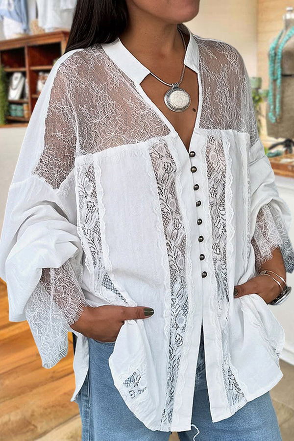 Cotton Flowy Lace Metal Button Pleated Ruffle Sleeve Shirt