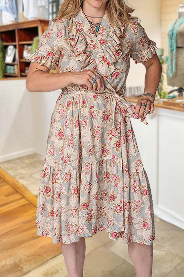 Western Ranch Floral Ruffle Sleeve Midi Dress