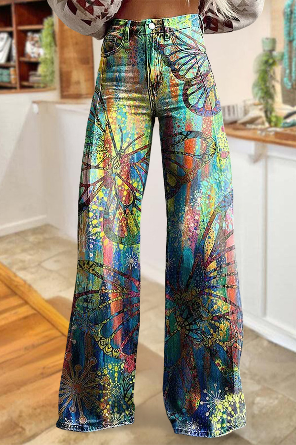 Distressed Washed Cotton Butterfly Wide-Leg Pants