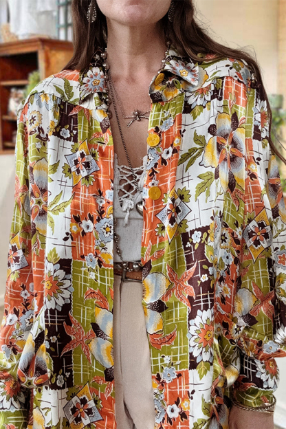 Draped Country Plaid Floral Print Shirt