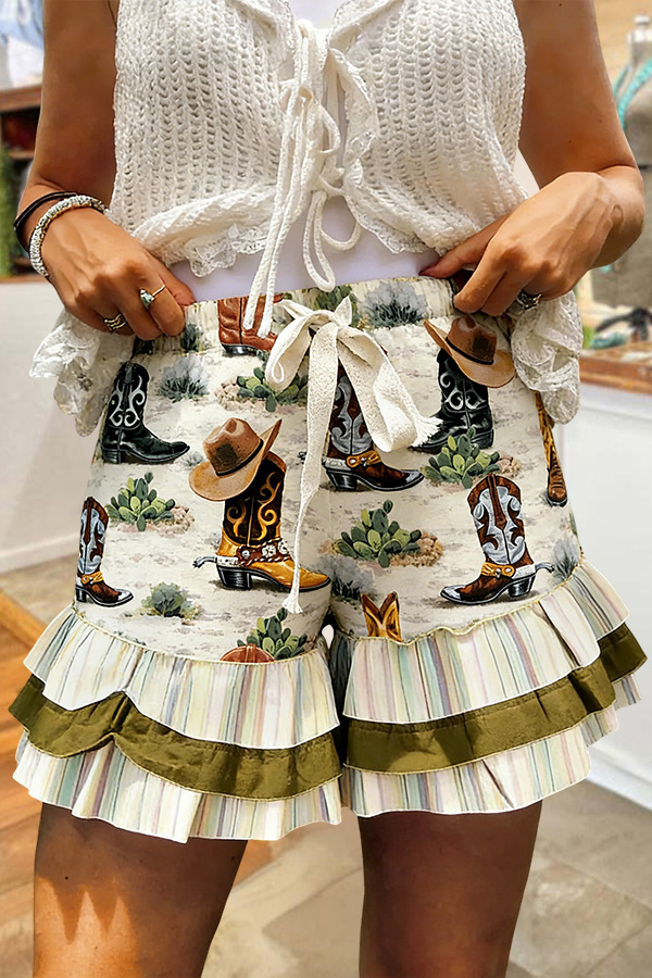 Western Ranch Layered Ruffle Drawstring Shorts