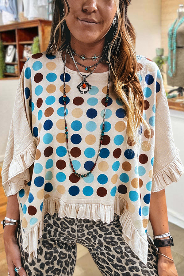 Casual Color-Blocked Polka Dot Linen Ruffle Sleeve Top