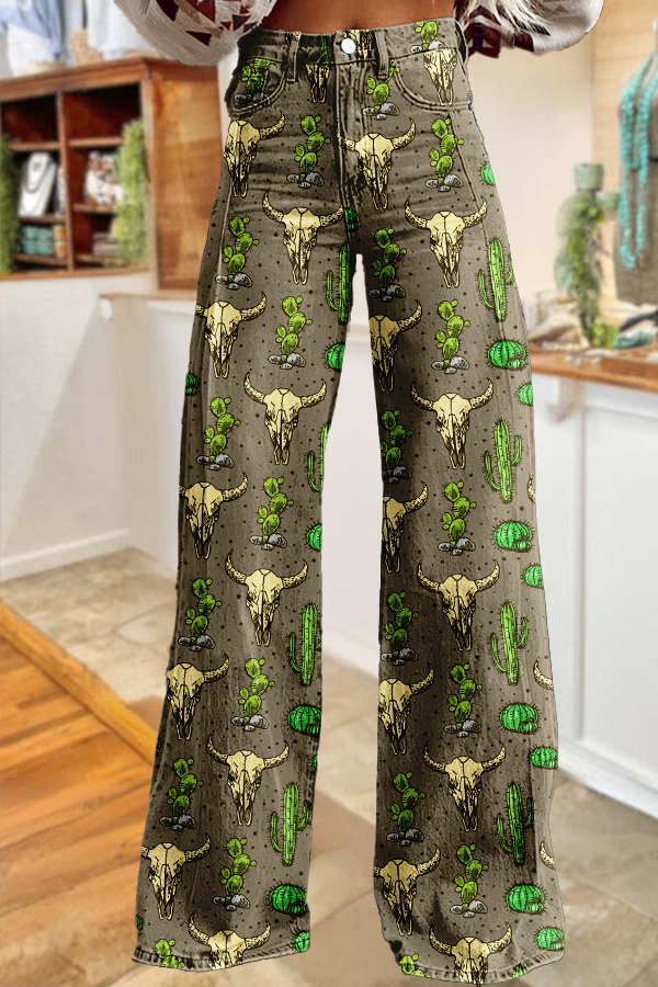 Western Cactus Cow Head Washed Cotton Wide-Leg Pants