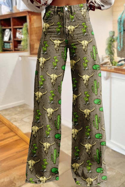 Western Cactus Cow Head Washed Cotton Wide-Leg Pants