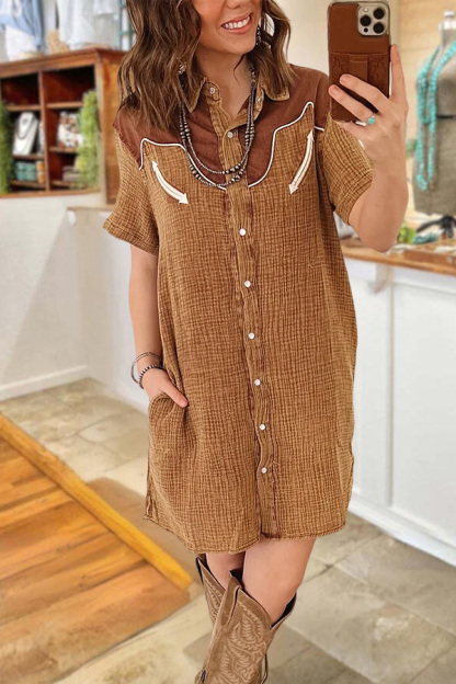 Cotton Bubble Texture Denim Patchwork Dress