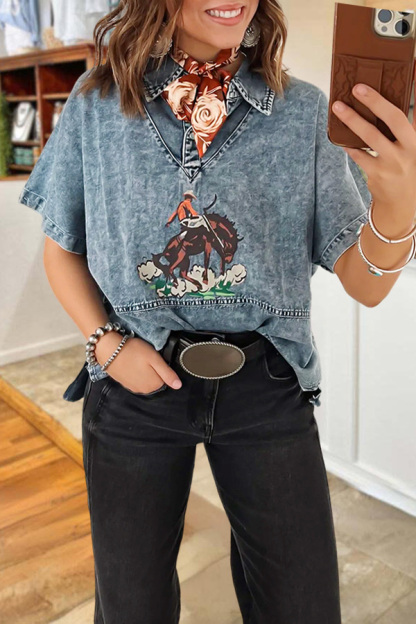 Rodeo Cowboy Polo Collar Denim Top