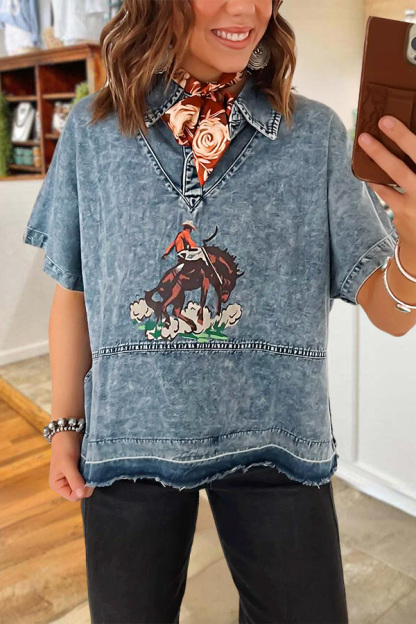 Rodeo Cowboy Polo Collar Denim Top
