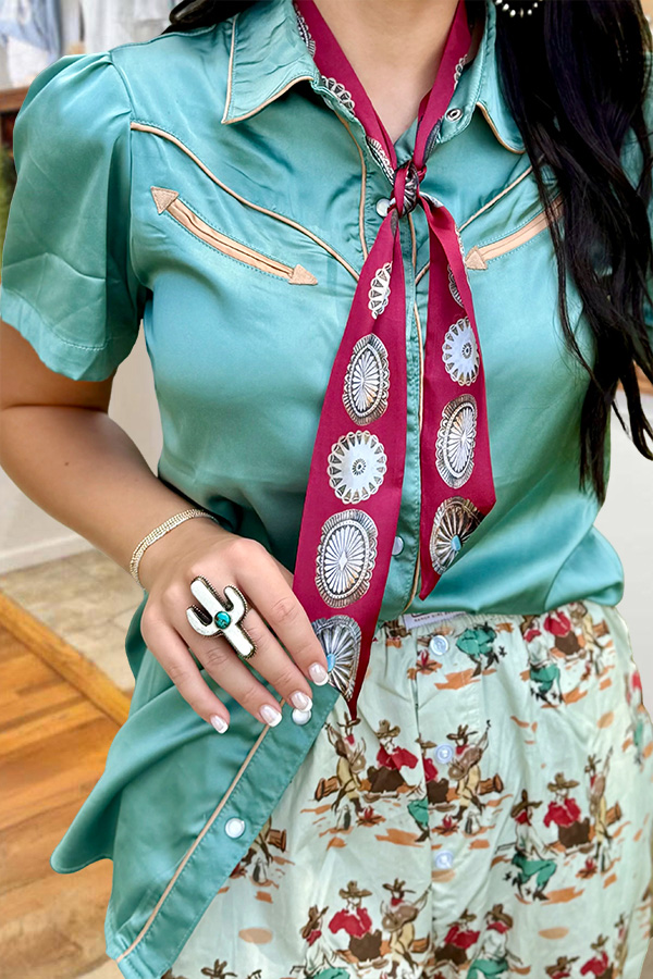 Drapey Satin Metal Buckle Shirt With Contrast Piping