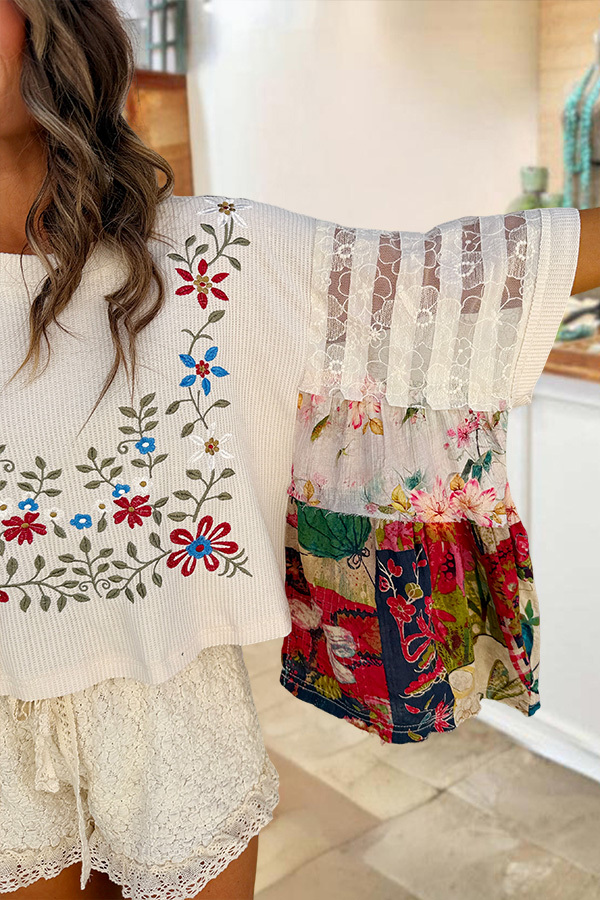 Pretty Floral Lace Ribbed Patchwork Top