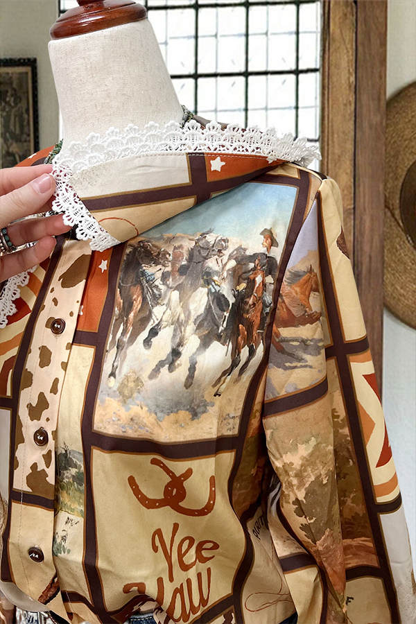 Retro Flowy Cowboy Crochet Doll Collar Blouse