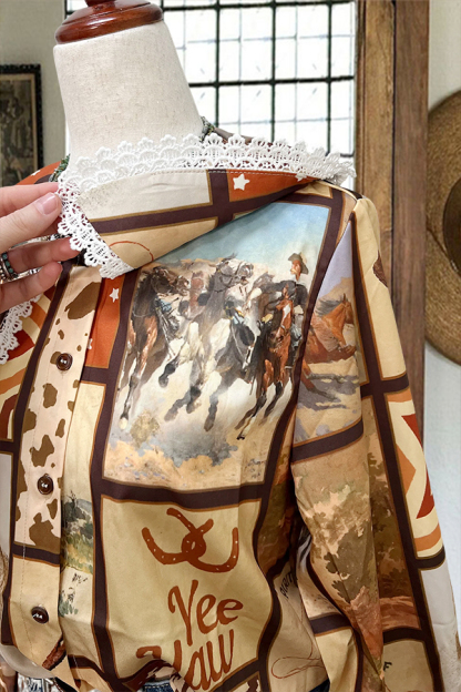 Retro Flowy Cowboy Crochet Doll Collar Blouse