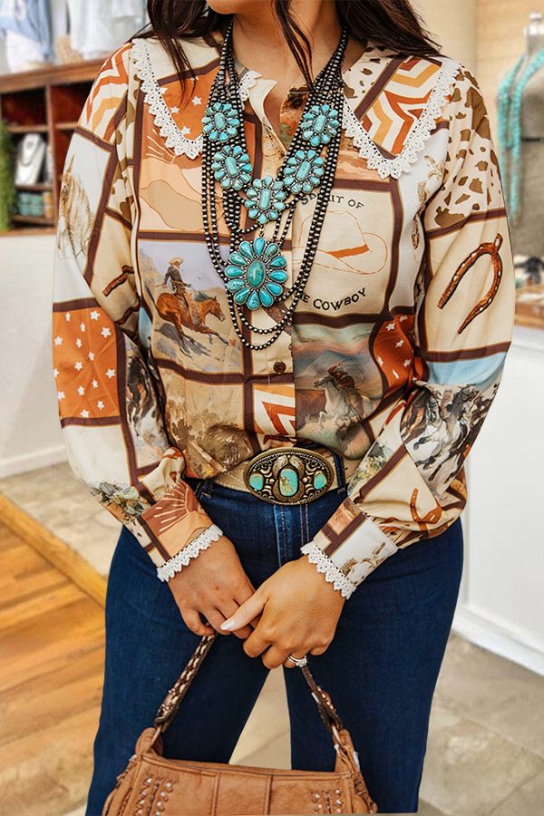 Women's top | Retro Flowy Cowboy Crochet Doll Collar Blouse |Shopify-ladyboutiquebd