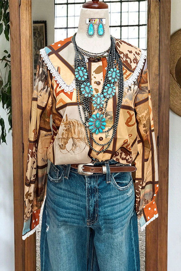 Retro Flowy Cowboy Crochet Doll Collar Blouse