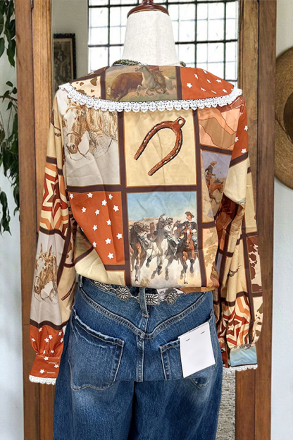 Retro Flowy Cowboy Crochet Doll Collar Blouse