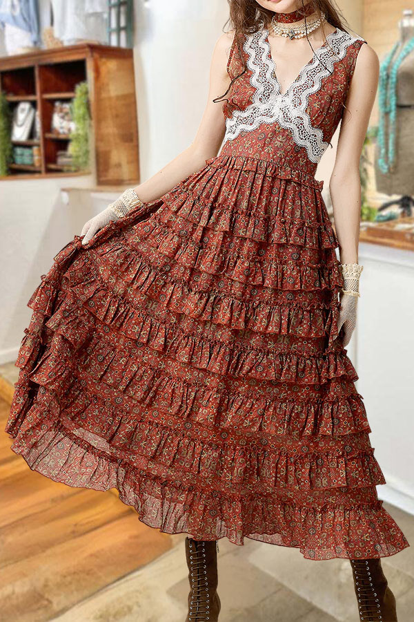 Vintage Floral Crochet Lace Tiered Maxi Dress