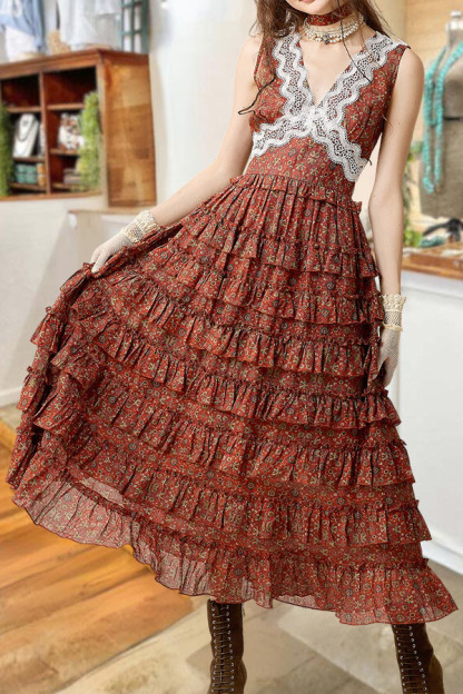 Vintage Floral Crochet Lace Tiered Maxi Dress