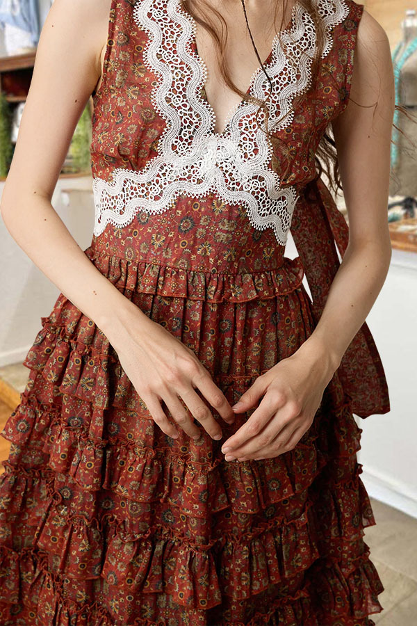 Vintage Floral Crochet Lace Tiered Maxi Dress