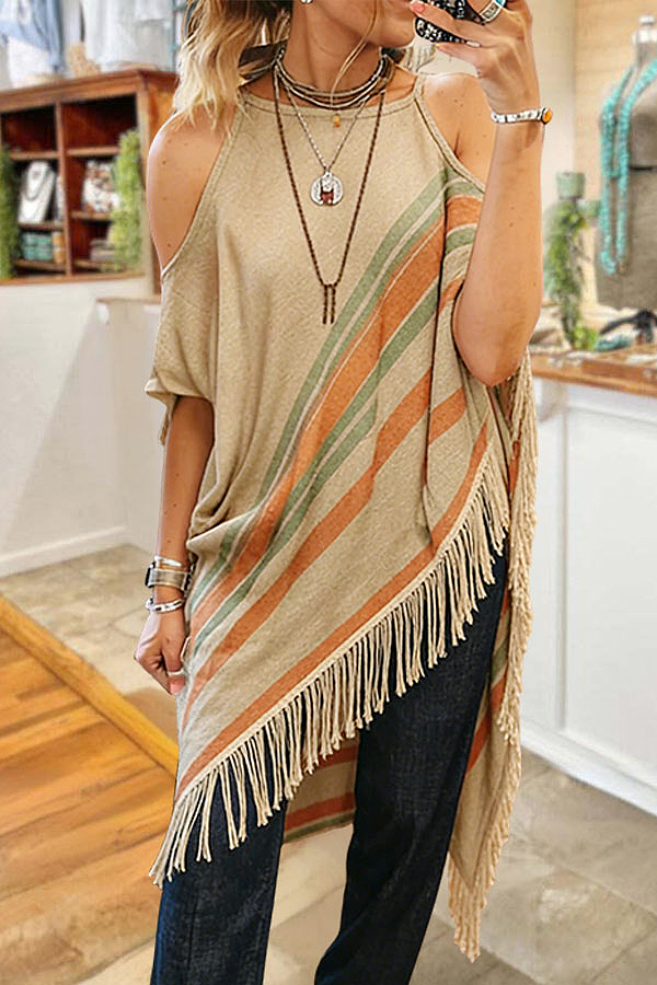 Linen Striped Fringed Off-Shoulder Mid-Sleeve Top