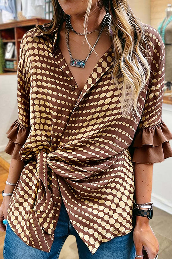 Irregular Polka Dot Knot Layered Ruffle Sleeve Shirt