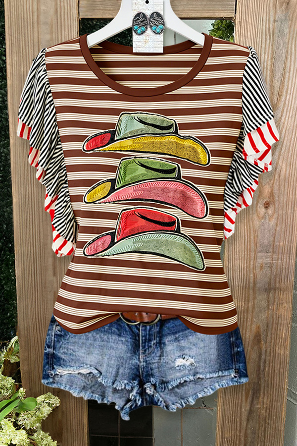 Western-Style Colorful Hat Striped Ruffle Sleeve Tee