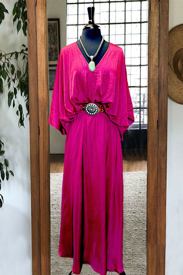 Elegant Flowing Waist-Cinching Batwing Sleeve Long Dress