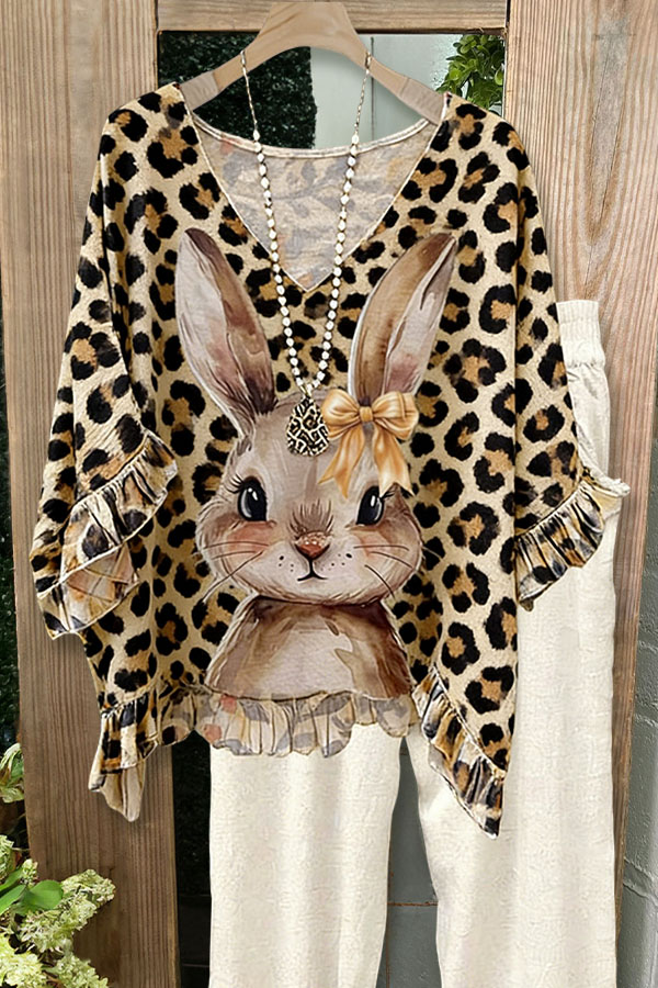 Easter Bunny Leopard Print Double Ruffle Top