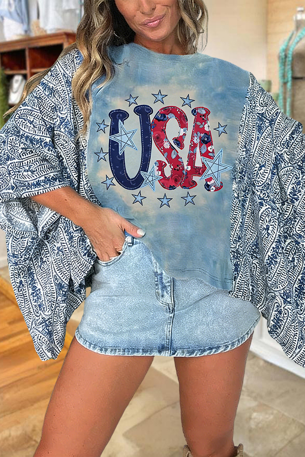 Distressed USA Flag Paisley Patchwork Mid-Sleeve Top