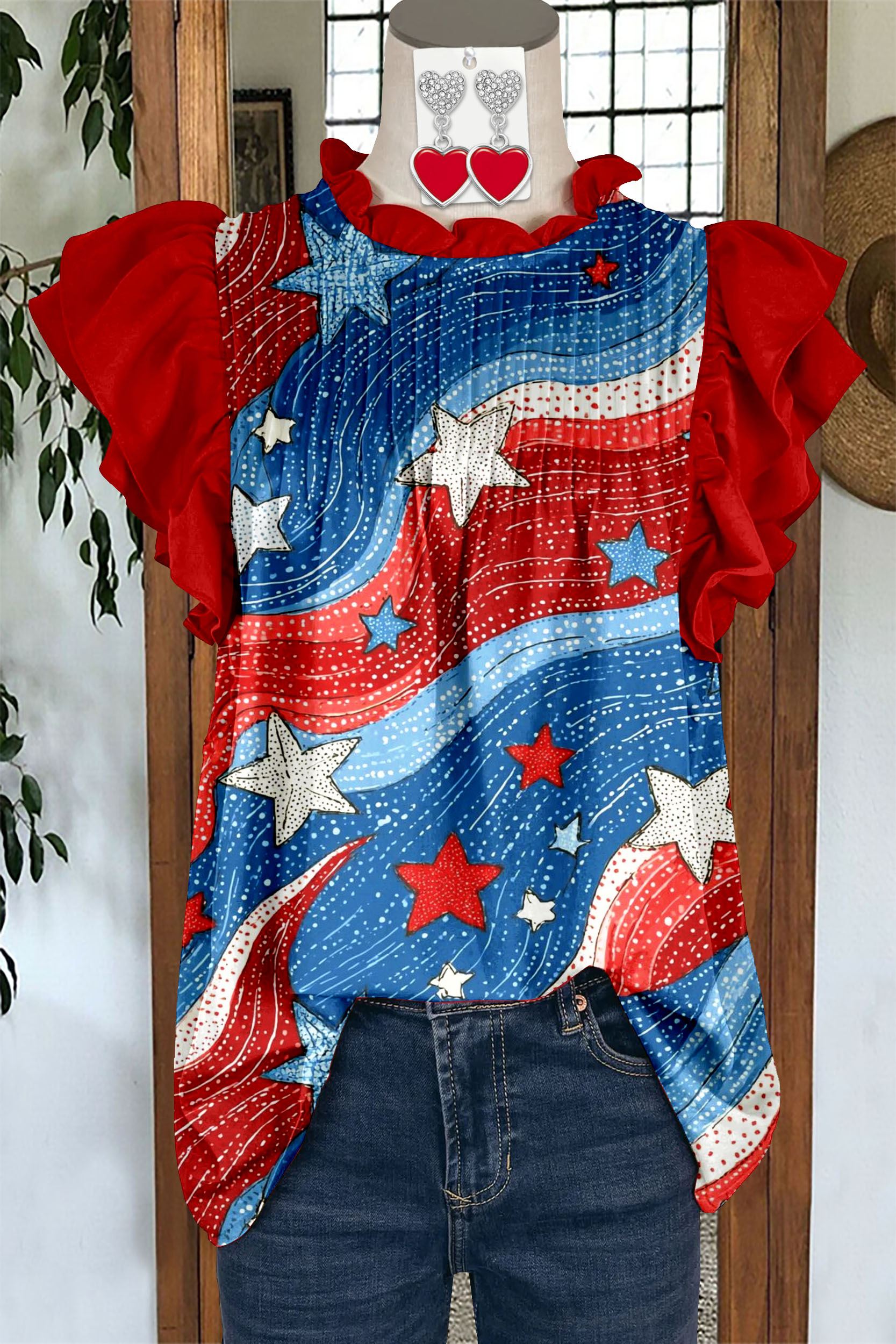 Retro USA Flag Ruched Ruffled Sleeve Shirt