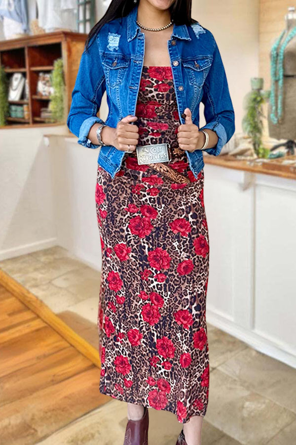 Charming Leopard Floral Ruffled Sleeves Midi Dress