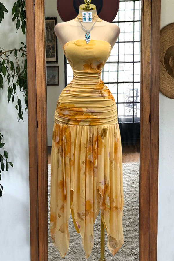 Charming Flowy Floral Strapless Midi Dress