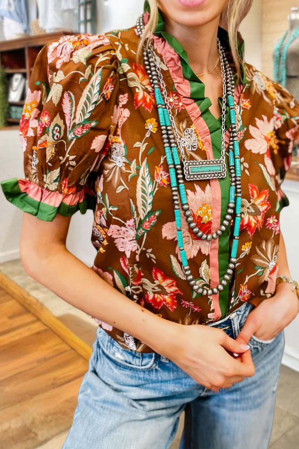 Romantic Garden Patchwork Ruffled Puff Sleeve Shirt