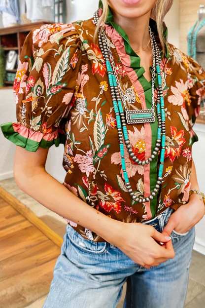 Romantic Garden Patchwork Ruffled Puff Sleeve Shirt