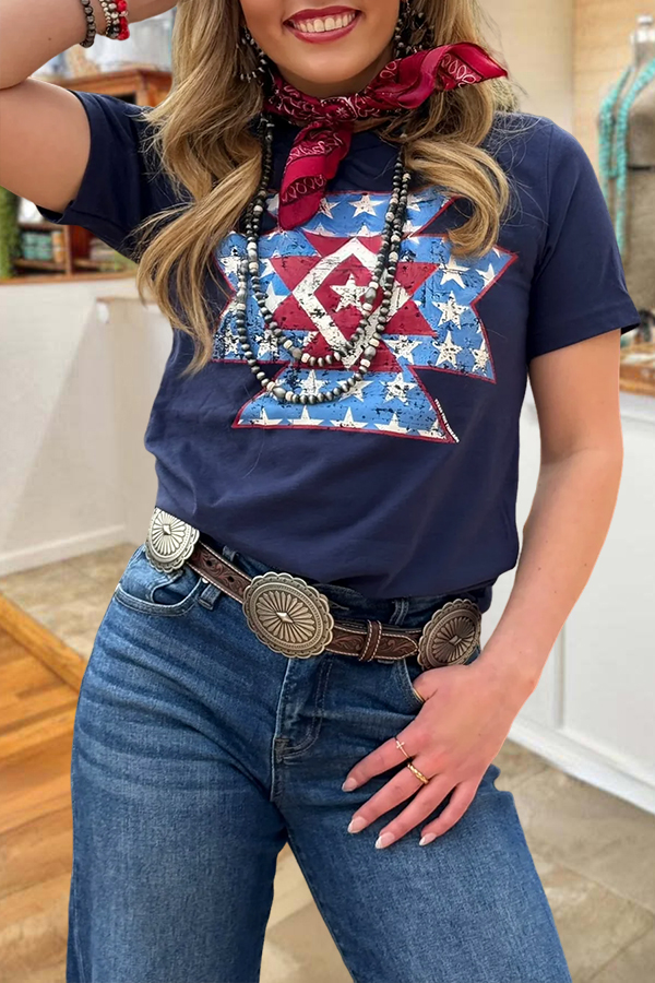 Distressed Aztec USA Flag Crewneck Tee