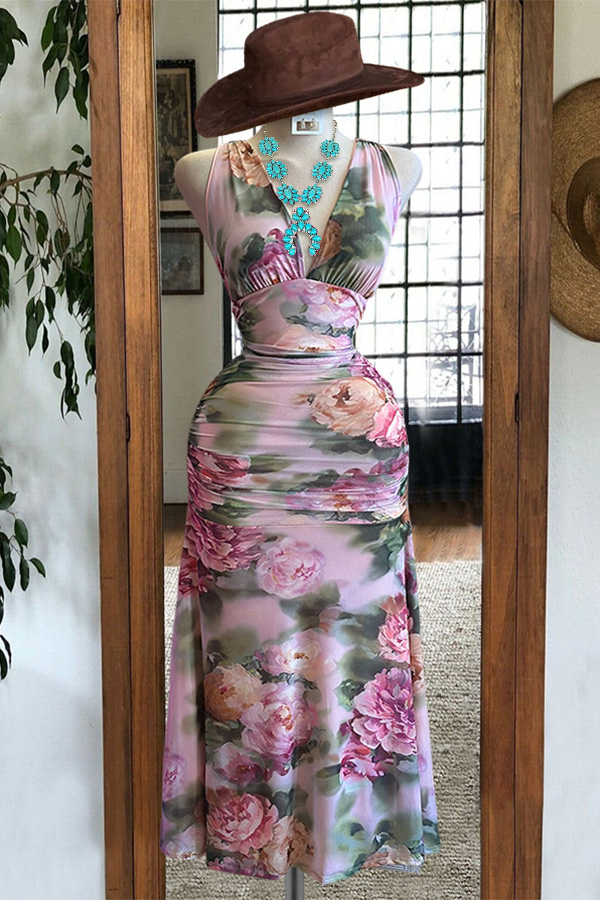 Charming Sexy Floral V-Neck Midi Dress