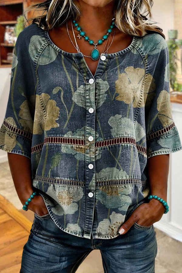 Drapey Distressed Cutout Floral Button-Up Shirt