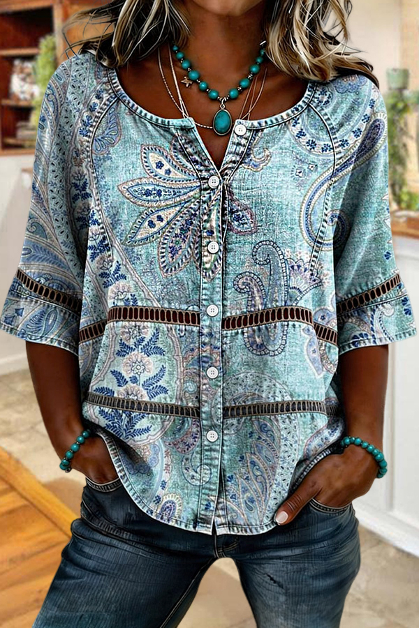 Retro Floral Cutout Patchwork Button-Up Shirt